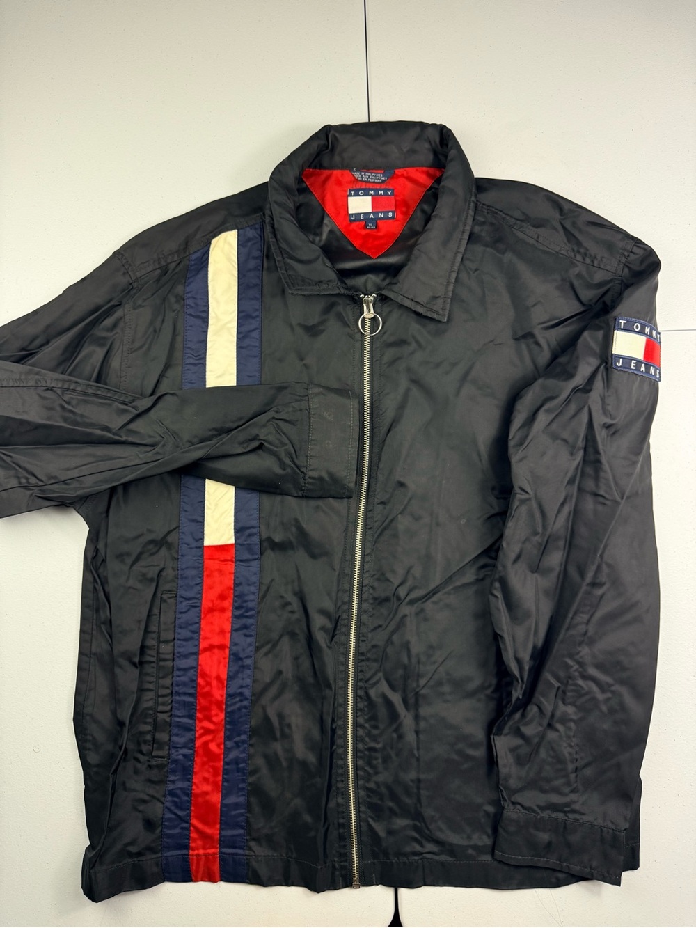 Vintage Tommy Hilfiger Men's Black Zip-Front Track Jacket with Red & Navy Stripe